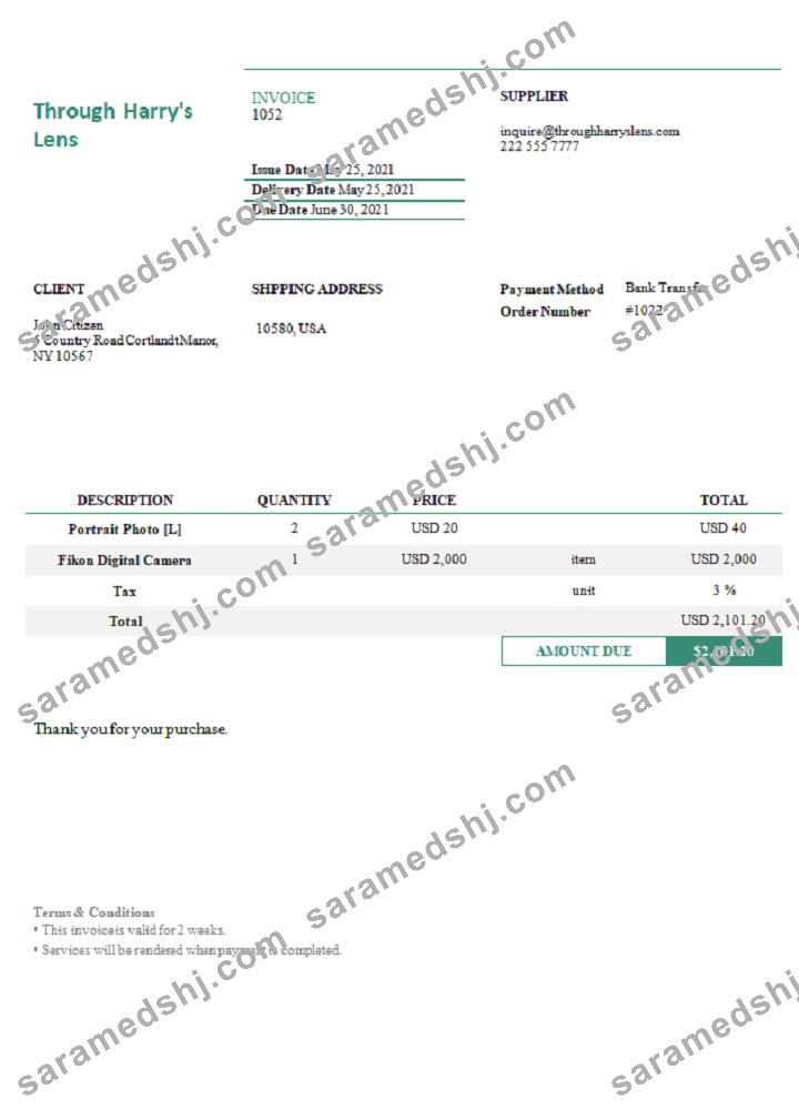 USA Through Harry’s Lens invoice